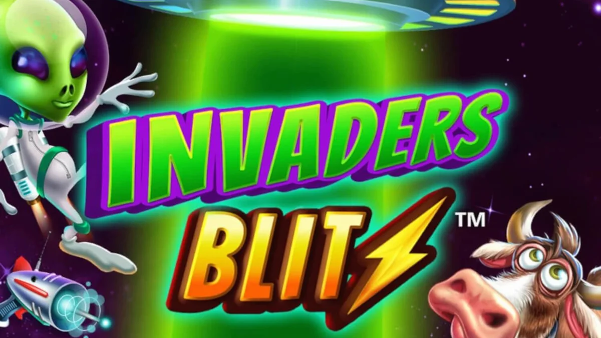 Interface do slot Invaders Blitz com vacas alienígenas e símbolos de naves espaciais