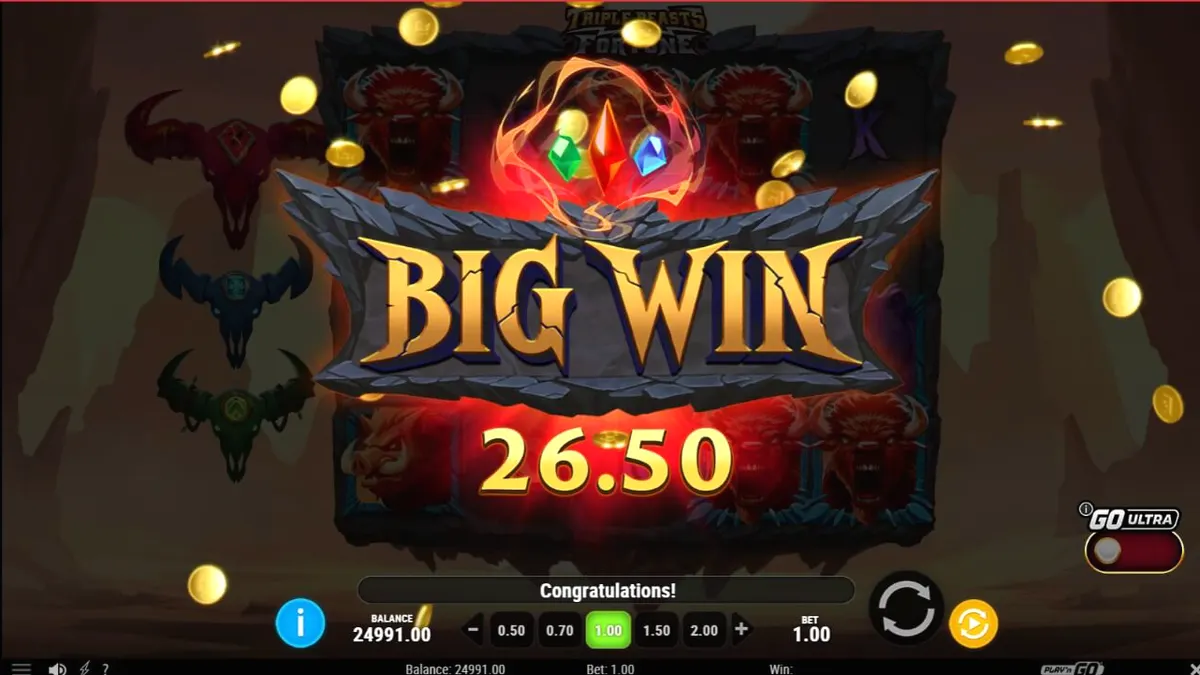 Interface do jogo Triple Beasts of Fortune com totens animais e grade de rolos